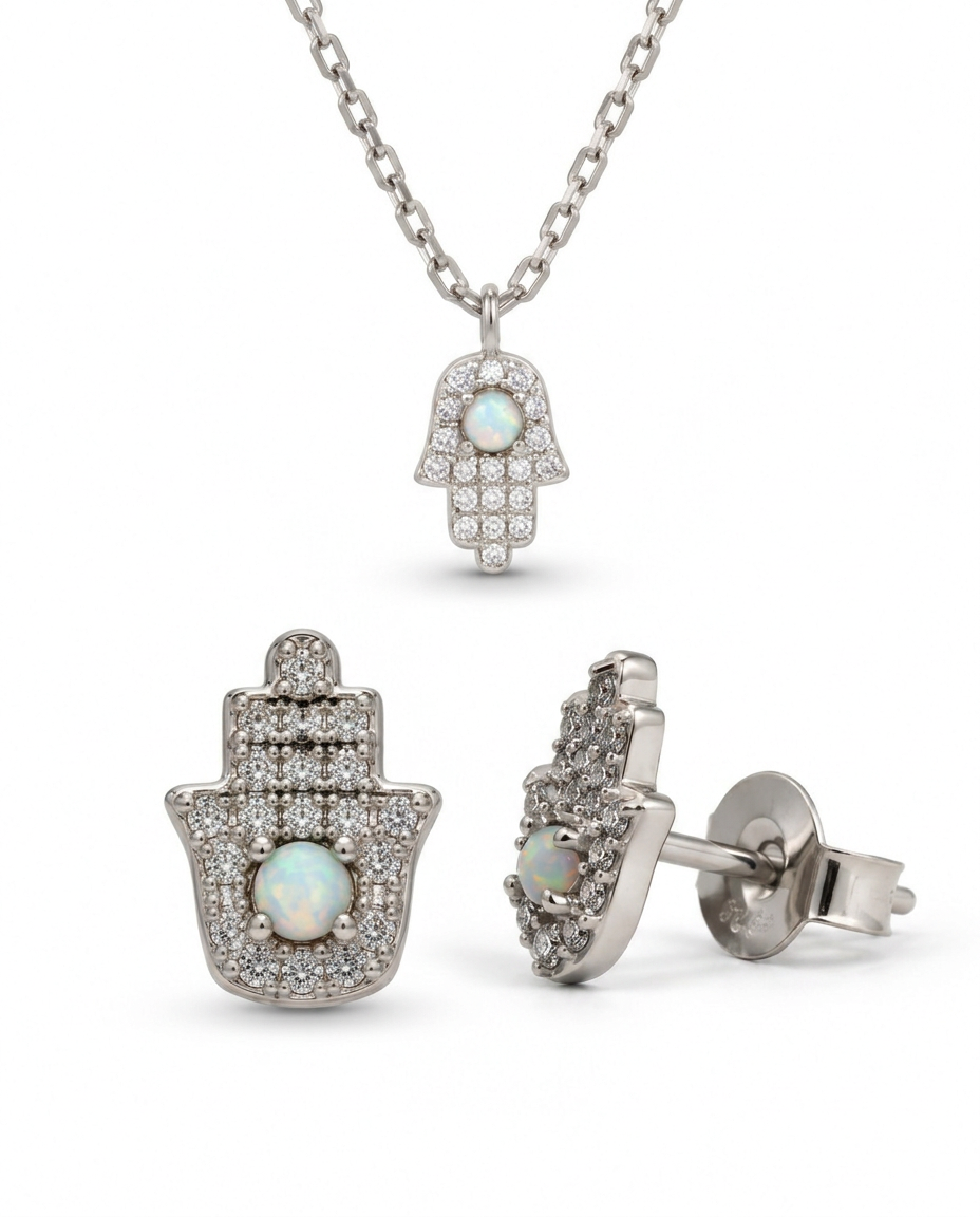 Set collar y aretes mano turca con zirconias PL. 925